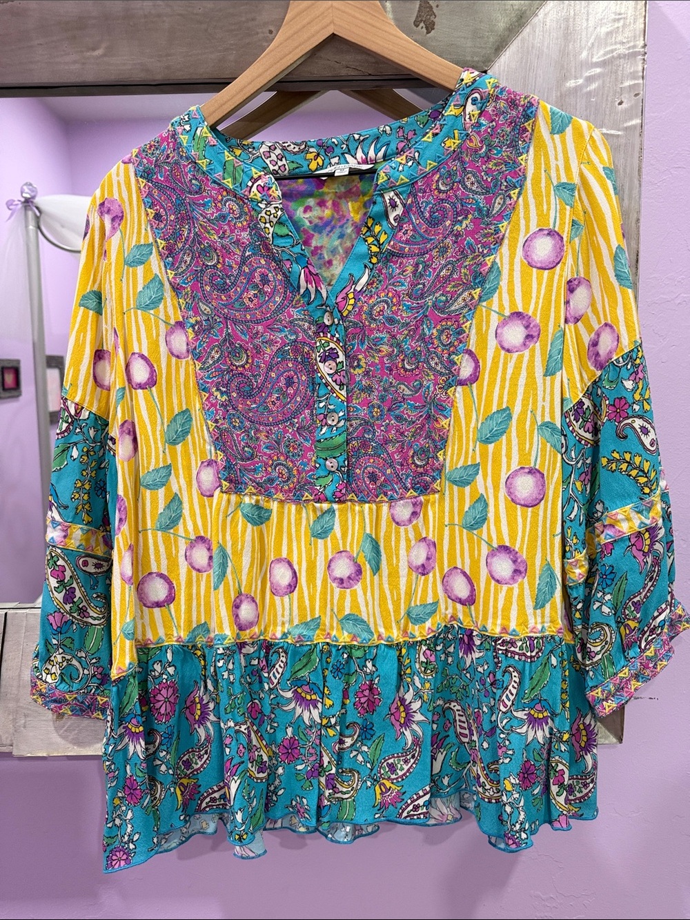 John Mark Yellow & Teal Floral-Paisley Tiered Tunic